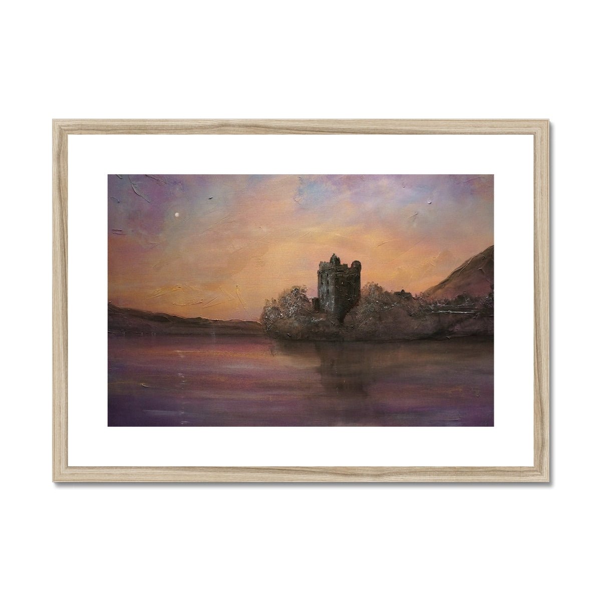 Urquhart Castle Moonlight Painting | Framed & Mounted Prints From Scotland-Framed & Mounted Prints-Historic & Iconic Scotland Art Gallery-A2 Landscape-Natural Frame-Paintings, Prints, Homeware, Art Gifts From Scotland By Scottish Artist Kevin Hunter