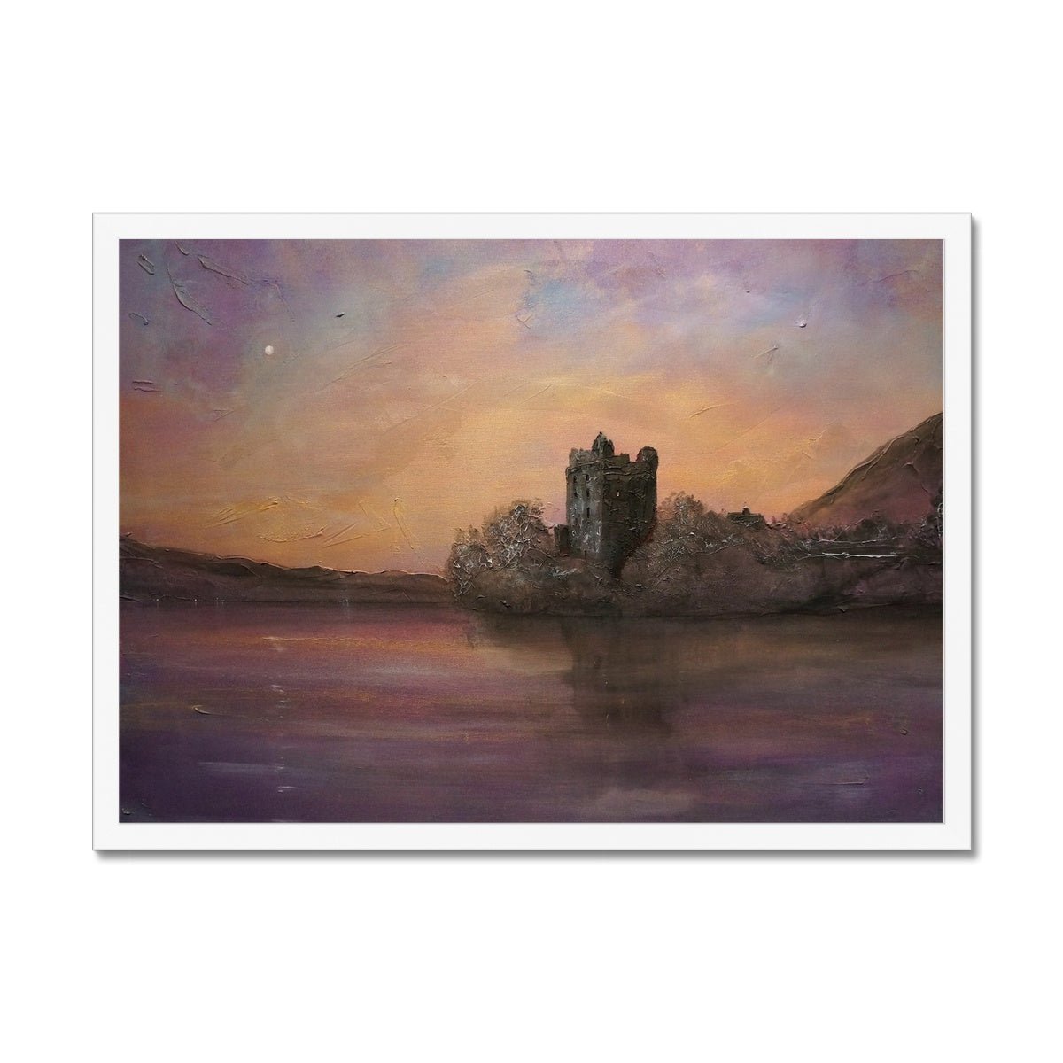 Urquhart Castle Moonlight Painting | Framed Prints From Scotland-Framed Prints-Historic & Iconic Scotland Art Gallery-A2 Landscape-White Frame-Paintings, Prints, Homeware, Art Gifts From Scotland By Scottish Artist Kevin Hunter