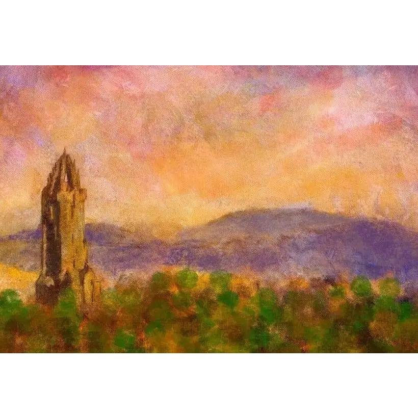 Wallace Monument Dusk dusk art prints by Scottish artist showcasing a monumental stone tower