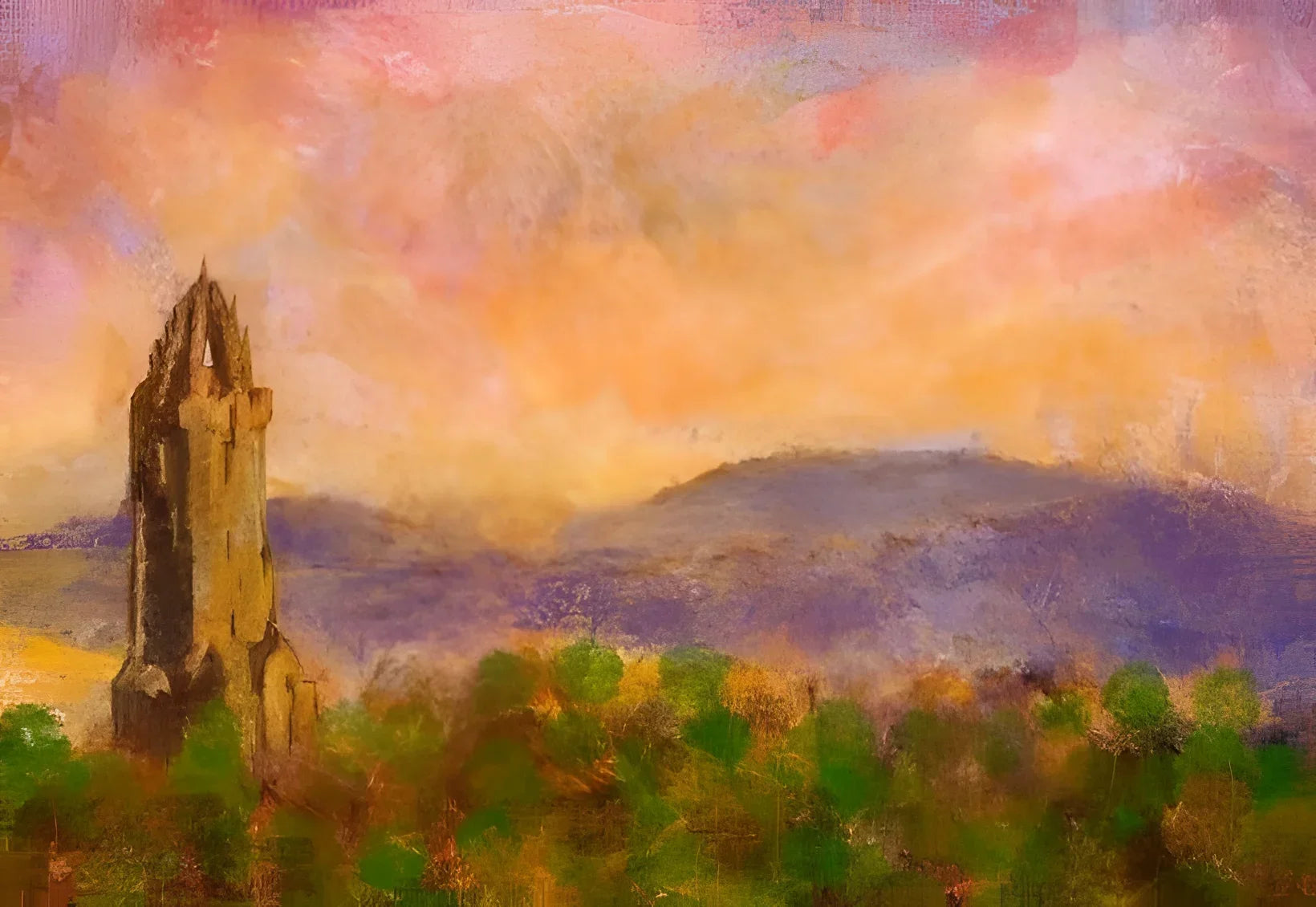Wallace Monument Dusk - Historic & Iconic Art Gallery Scotland Worldwide Shipping Monumental Stone Tower Scottish Castles Paintings