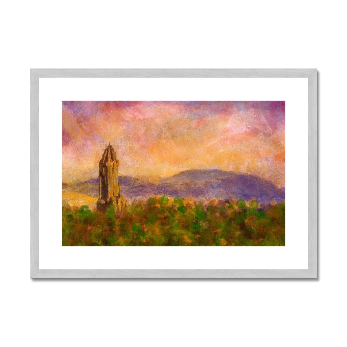 Wallace Monument Dusk Painting | Antique Framed & Mounted Prints From Scotland-Antique Framed & Mounted Prints-Historic & Iconic Scotland Art Gallery-A2 Landscape-Silver Frame-Paintings, Prints, Homeware, Art Gifts From Scotland By Scottish Artist Kevin Hunter