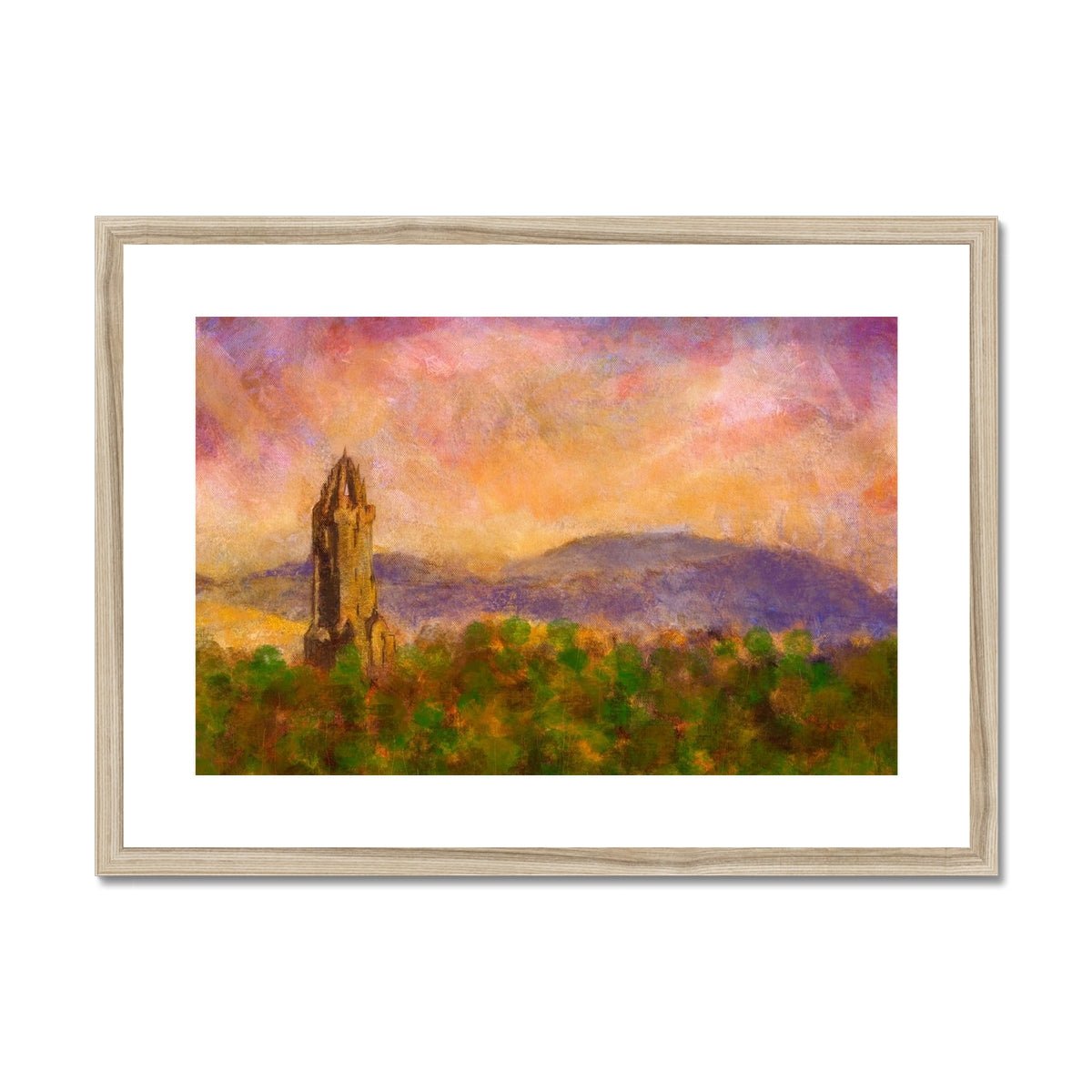 Wallace Monument Dusk Painting | Framed & Mounted Prints From Scotland-Framed & Mounted Prints-Historic & Iconic Scotland Art Gallery-A2 Landscape-Natural Frame-Paintings, Prints, Homeware, Art Gifts From Scotland By Scottish Artist Kevin Hunter