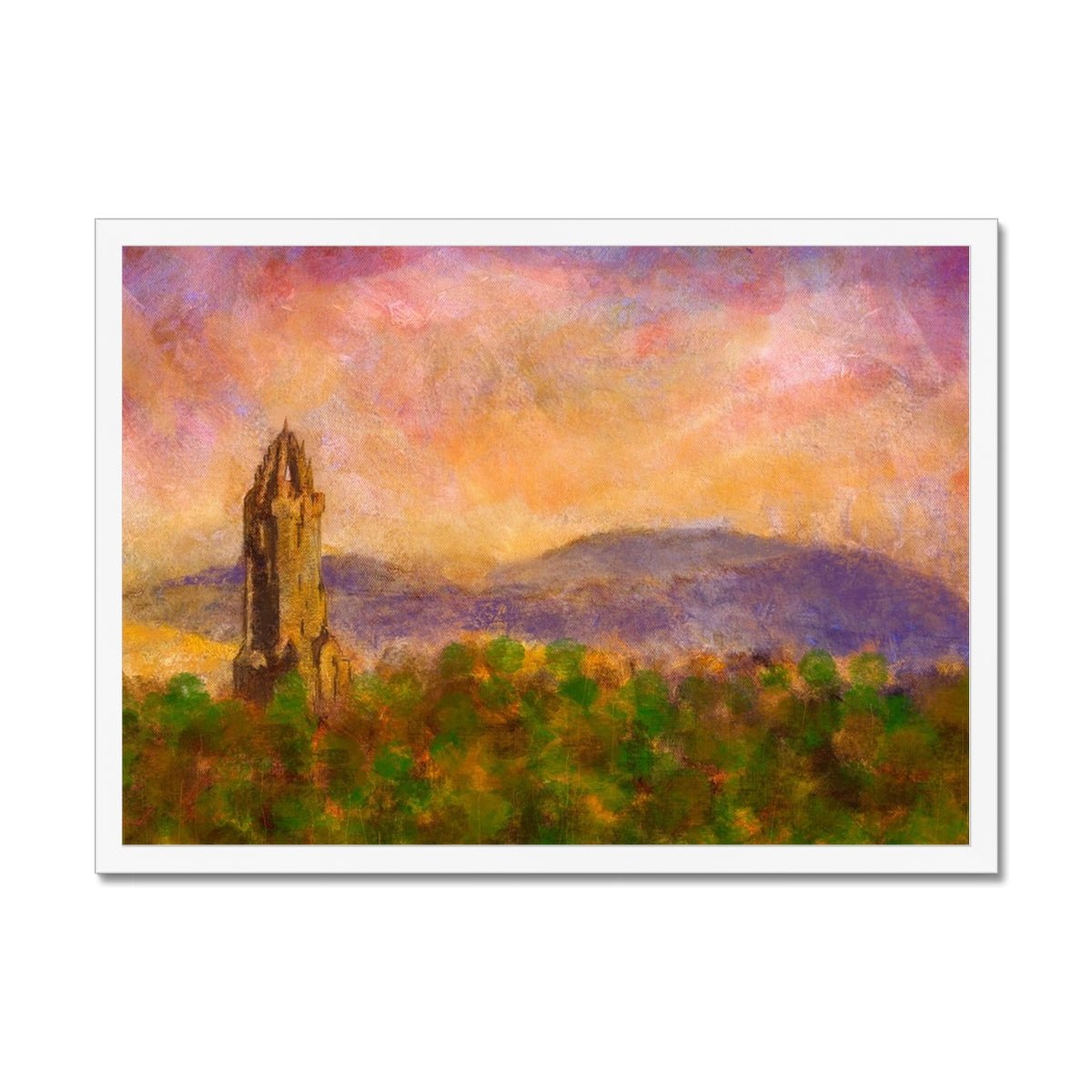 Wallace Monument Dusk Painting | Framed Prints From Scotland-Framed Prints-Historic & Iconic Scotland Art Gallery-A2 Landscape-White Frame-Paintings, Prints, Homeware, Art Gifts From Scotland By Scottish Artist Kevin Hunter