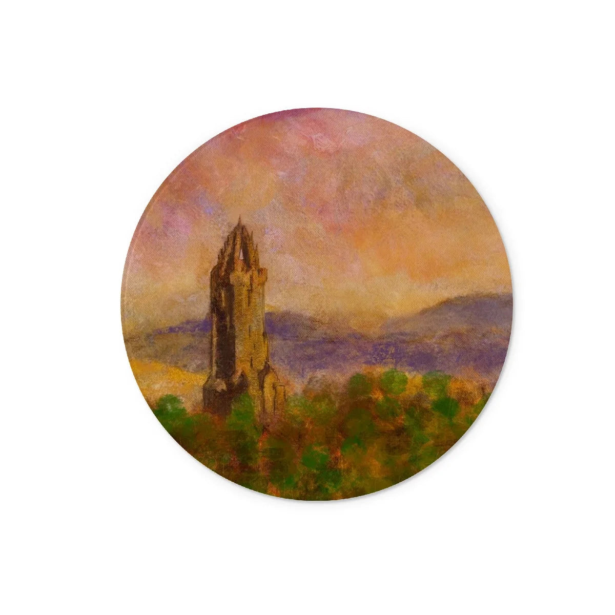 Wallace Monument Dusk Glass Chopping Board - Historic & Iconic Art Gallery Scotland Worldwide Shipping Circular Sticker Painting Scottish